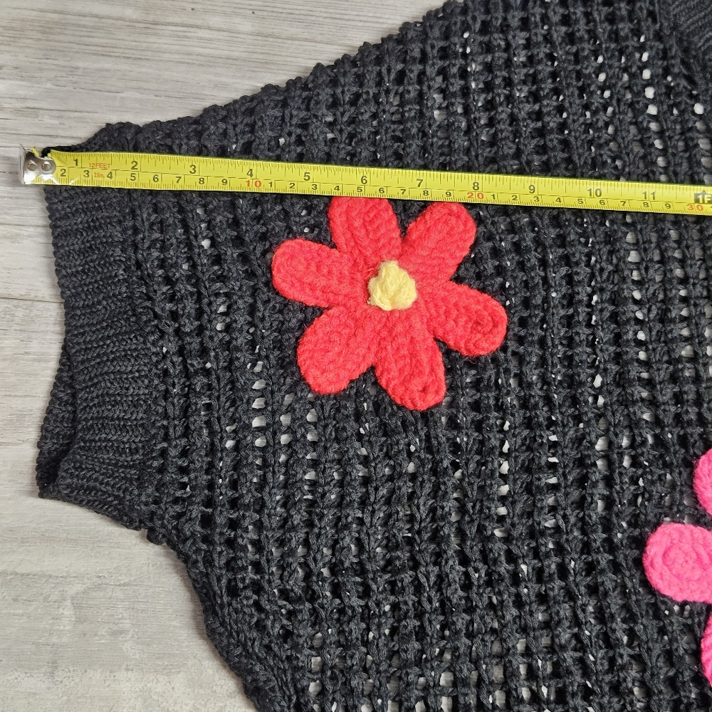 Crochet Mesh Knit Top XL Colorful Floral Appliques Short Sleeve Festival Boho - Picture 3 of 14